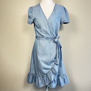 Gap Chambray Denim Blue Wrap Dress Small Cowgirl Ruffle Americana Cottagecore